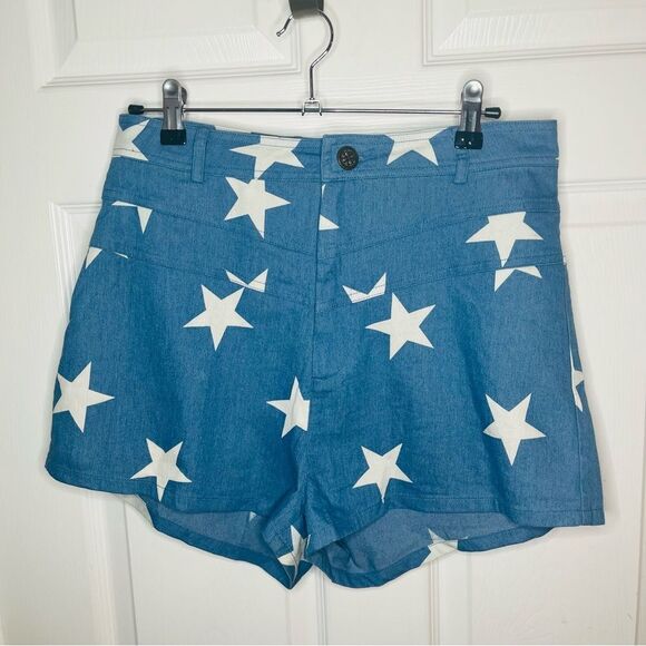 Modcloth All Stars No Stripes HighRise Denim Shorts Blue Star Print Size 8 - Picture 2 of 8